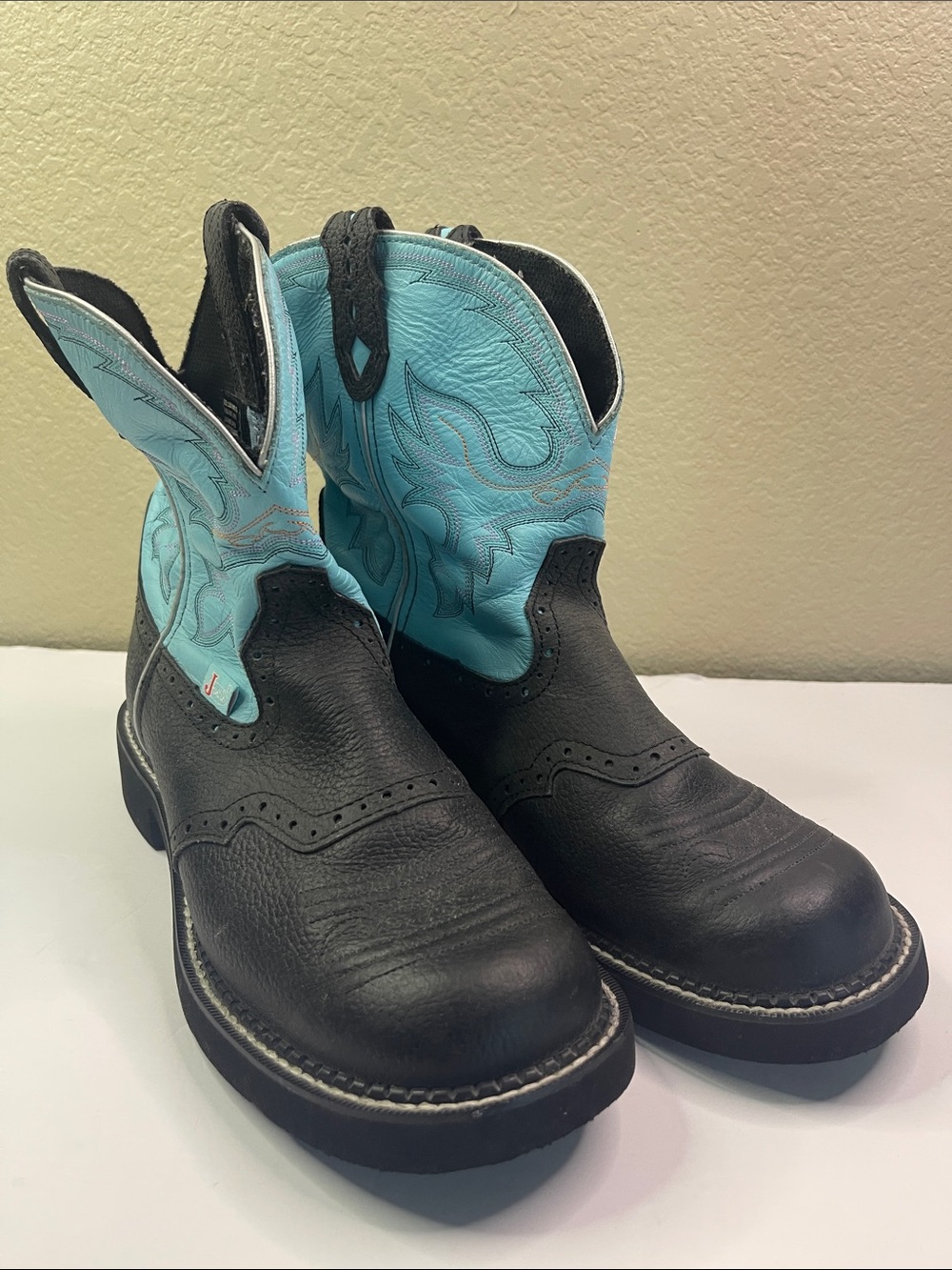 Women's Black Leather Foot & Turquoise Embroidered Shaft Heeled Western Boots
